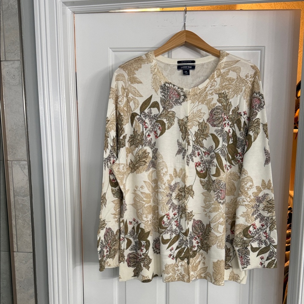 Lands' End Women's Floral Sweater - Cream and Brown